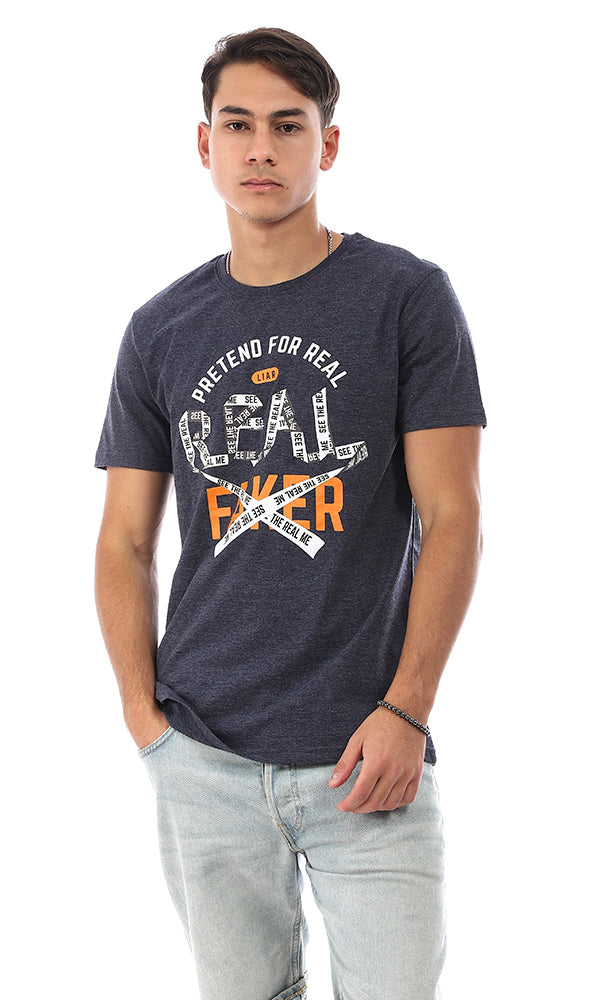 Heather Navy Blue Printed Regular Fit Crew Neck T-Shirt - 95777