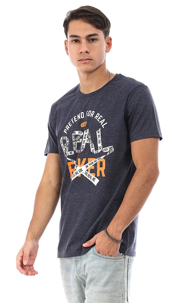 Heather Navy Blue Printed Regular Fit Crew Neck T-Shirt - 95777