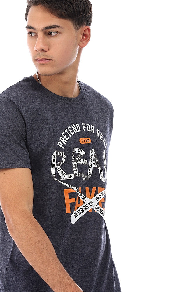Heather Navy Blue Printed Regular Fit Crew Neck T-Shirt - 95777