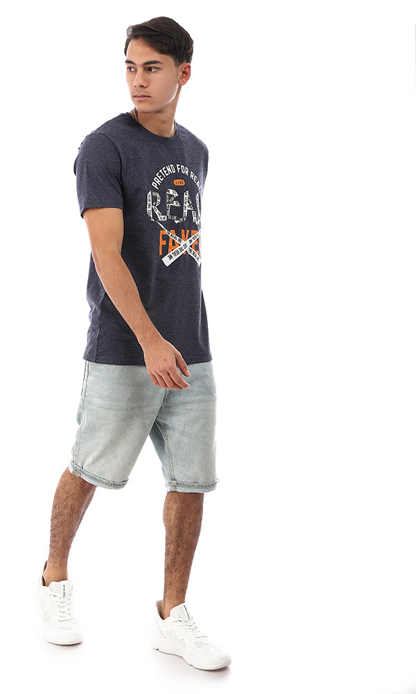 95777 Chest Printed Half Sleeves T-Shirt - Heather Navy Blue