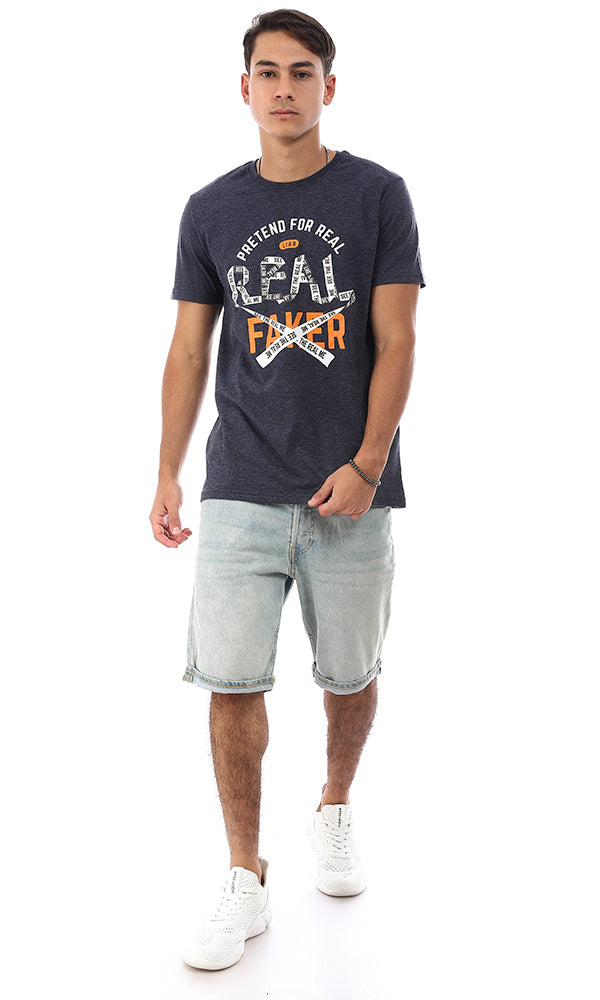 95777 Chest Printed Half Sleeves T-Shirt - Heather Navy Blue