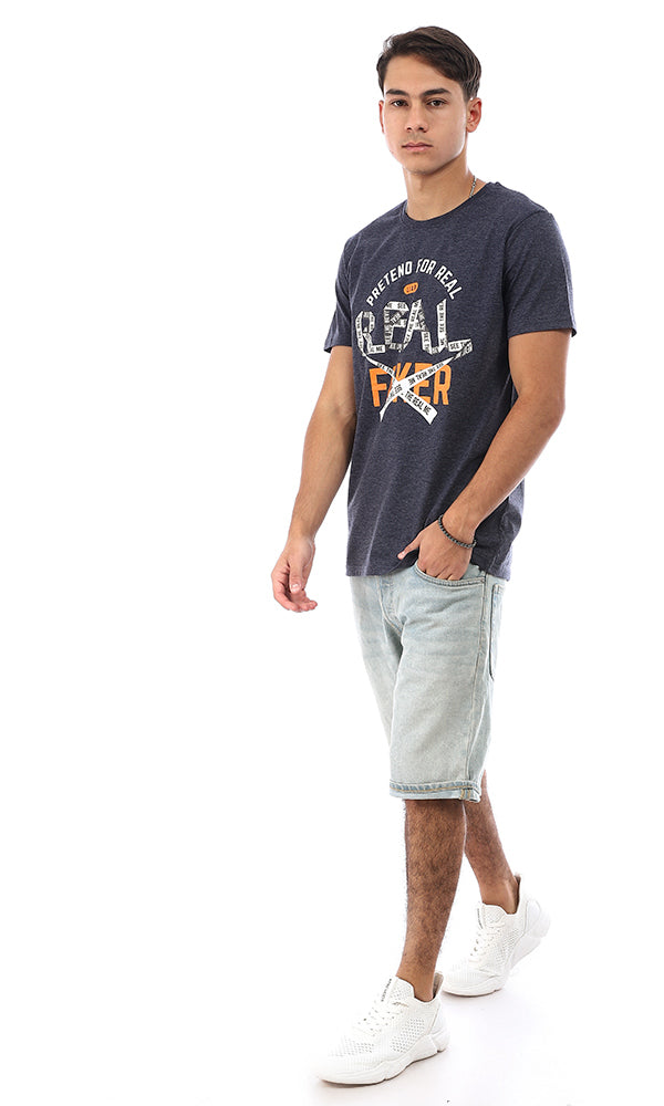 Heather Navy Blue Printed Regular Fit Crew Neck T-Shirt - 95777