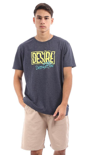 95782 Casual Printed "Desire"Heather Navy Blue Tee - Ravin 