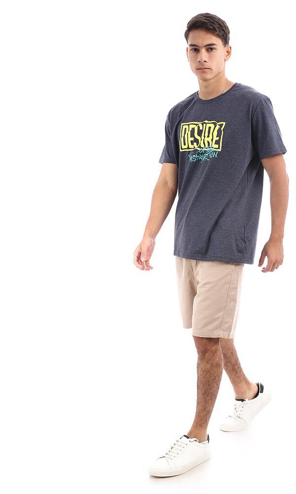 95782 Casual Printed "Desire"Heather Navy Blue Tee - Ravin 
