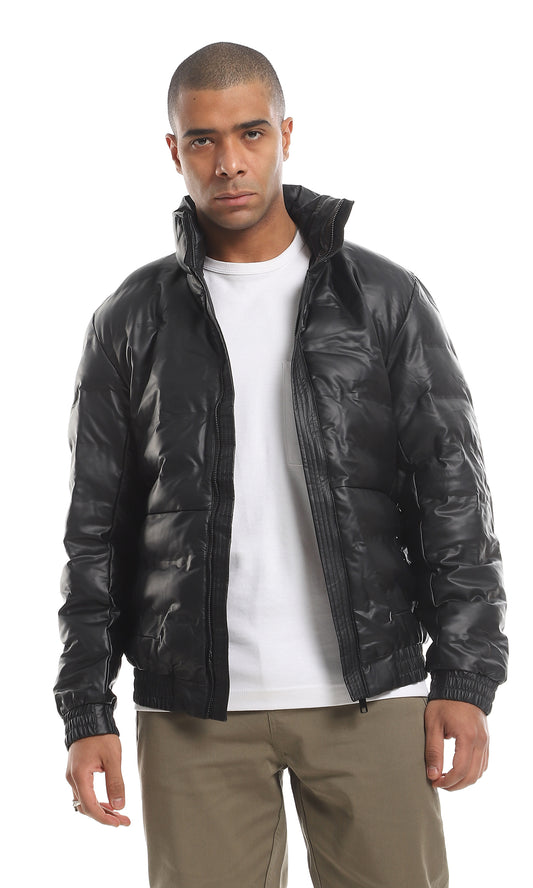 95836 Snap Buttoned Side Pocket Black Leather Bomber Jacket