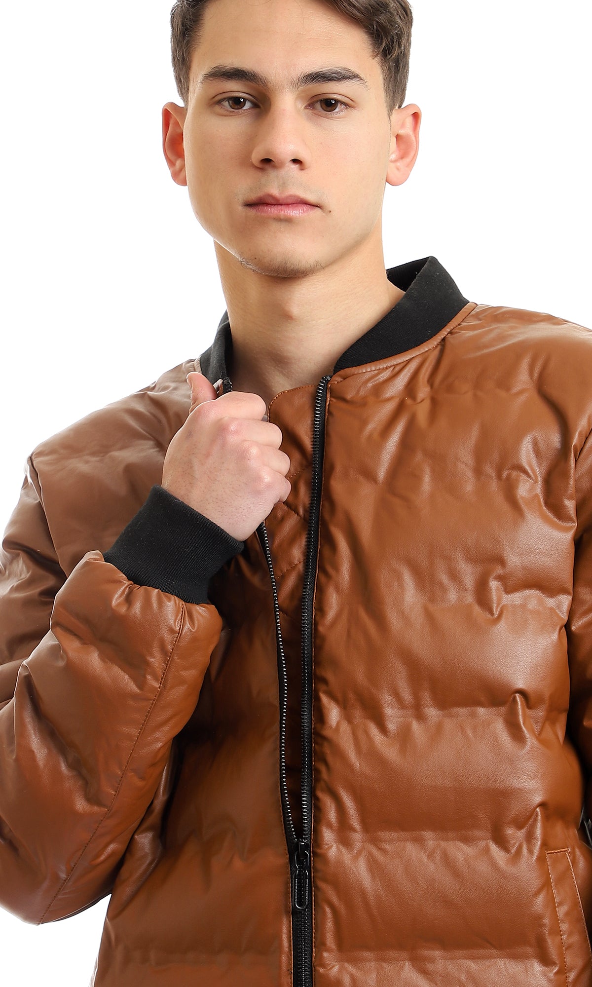 95840 Mandarin Collar Full Zipped Leather Havana Bomber Jacket