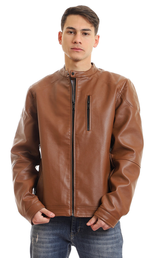 95853 Band Collar Chest Zipper Pocket Leather Jacket - Havana