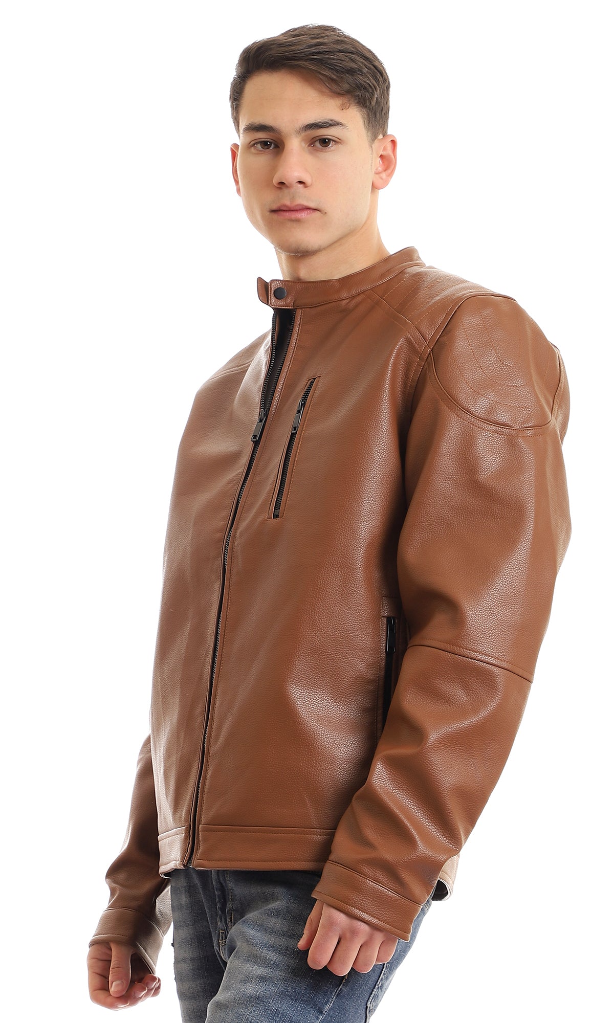 95853 Band Collar Chest Zipper Pocket Leather Jacket - Havana