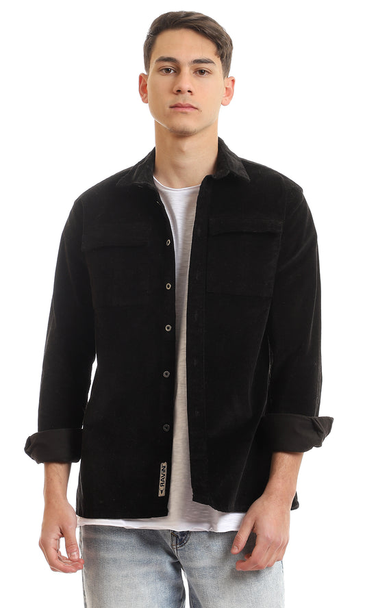 95953 Chest Pockets Velvet Full Buttoned Shirt - Black