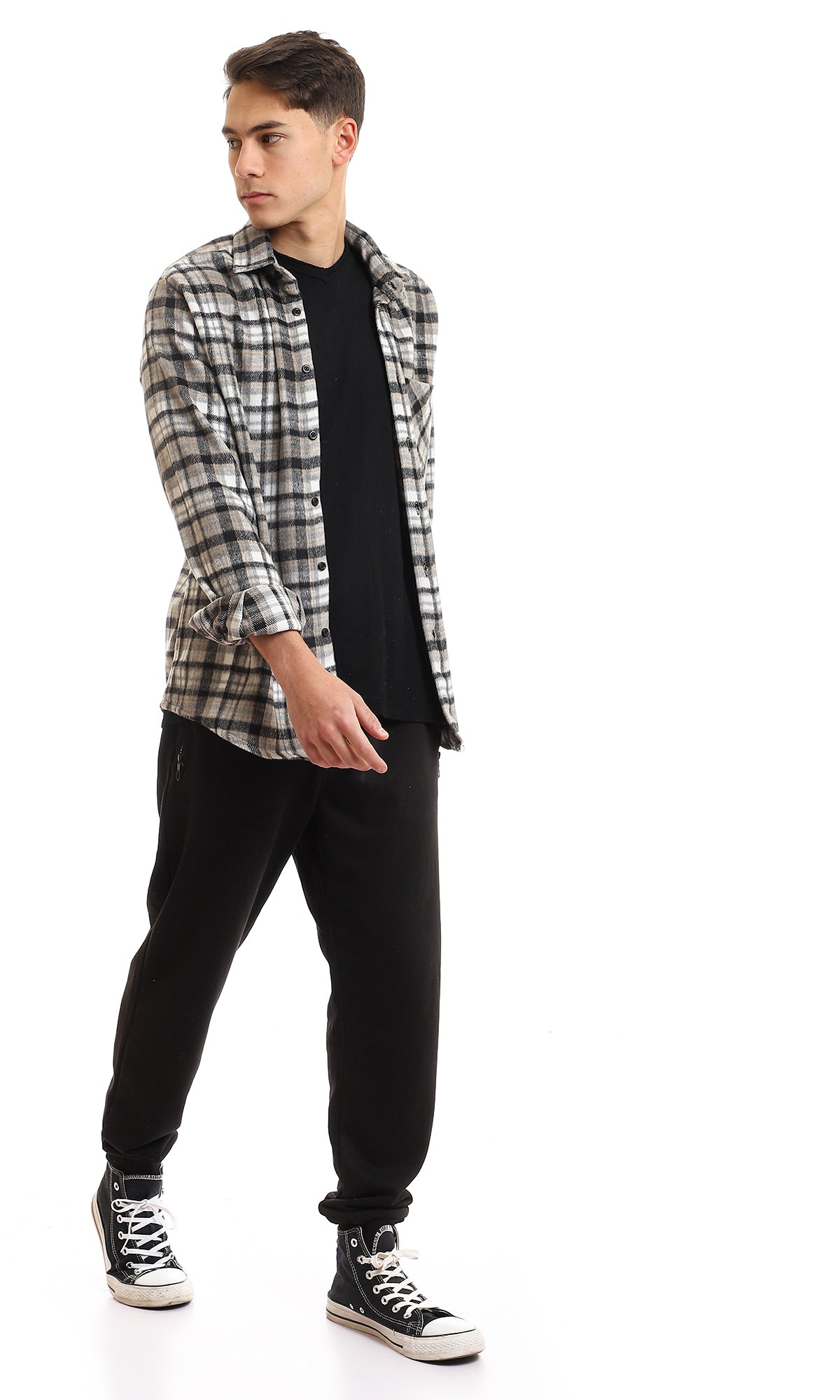 95995 Cotton Checkered Side Left Pocket Shirt - Black & Beige