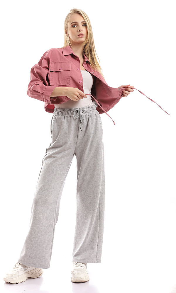 96007 Trendy Buttoned Cropped Dusty Rose Jacket With Drawstring