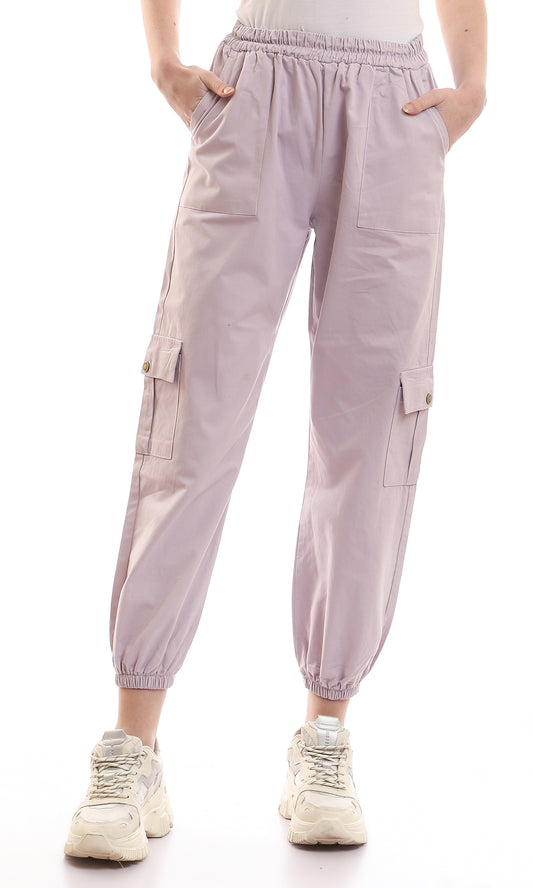 96095 Plain Multi-Pockets Lilac Jogger With Elastic Hem