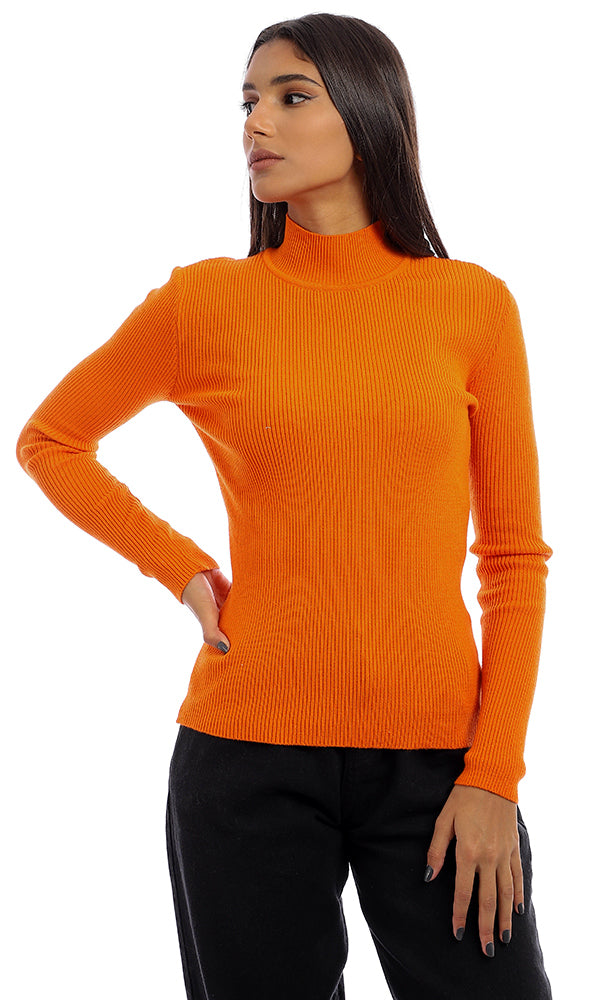 96142 Ribbed Full Sleeves Mock Neck Sweater - Orange