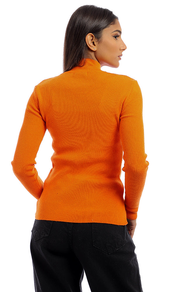 96142 Ribbed Full Sleeves Mock Neck Sweater - Orange