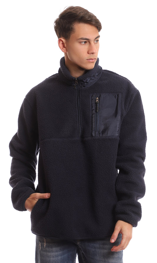 96166 Sherpa Zipped Neck Navy Blue Coziness Sweater