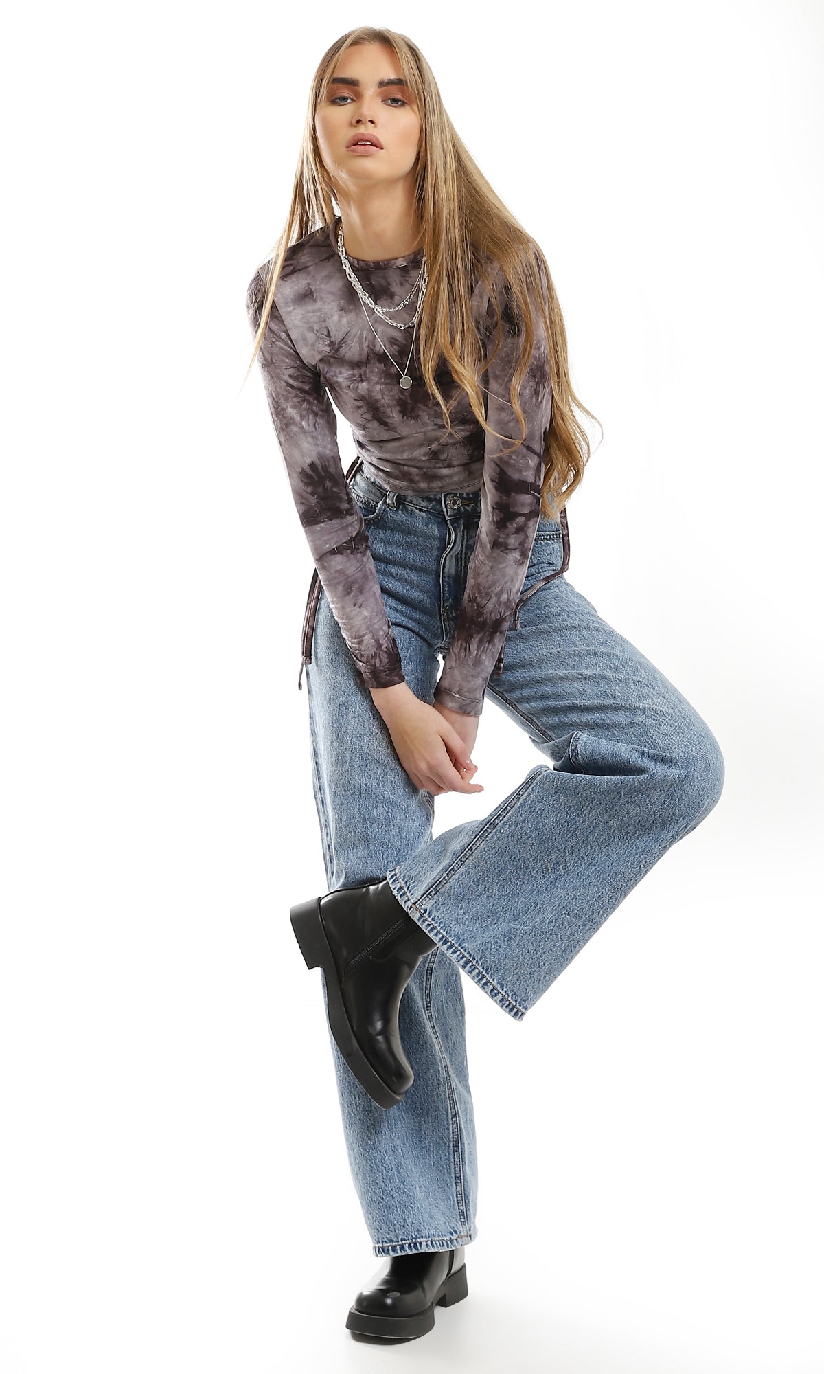 96169 Tie Dye Adjustable Side Drawstrings Grey Shades Top