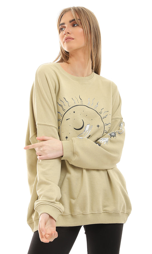 96173 Front & Left Sleeve Printing Light Olive Loose Sweatshirt