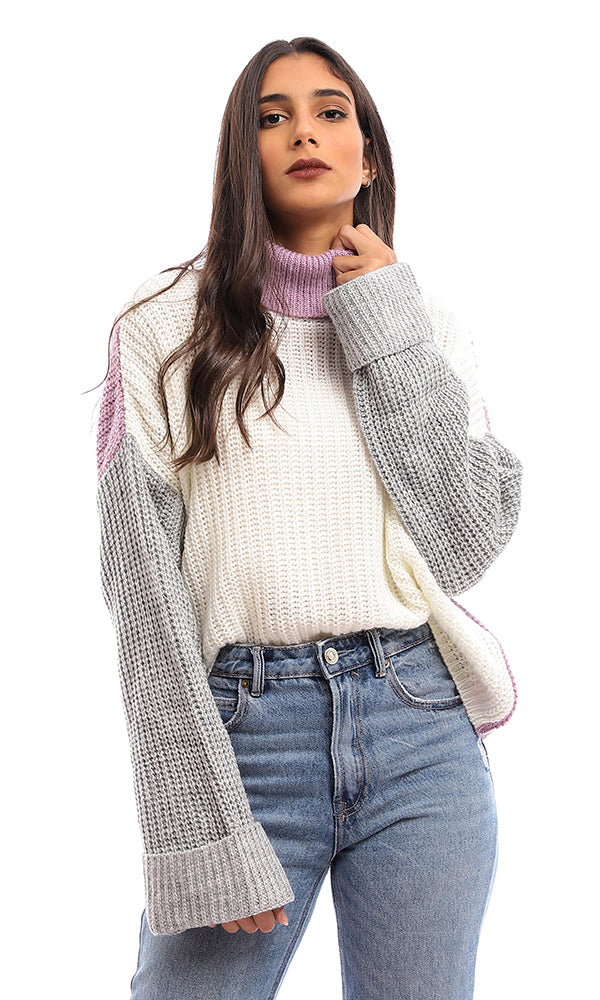 96242 Turtle Neck Knitted High Low Pullover - Off White