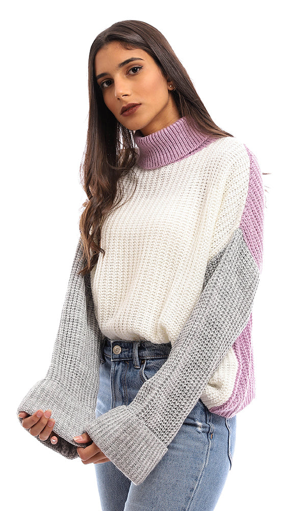 96242 Turtle Neck Knitted High Low Pullover - Off White