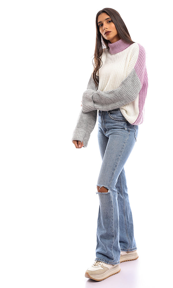 96242 Turtle Neck Knitted High Low Pullover - Off White