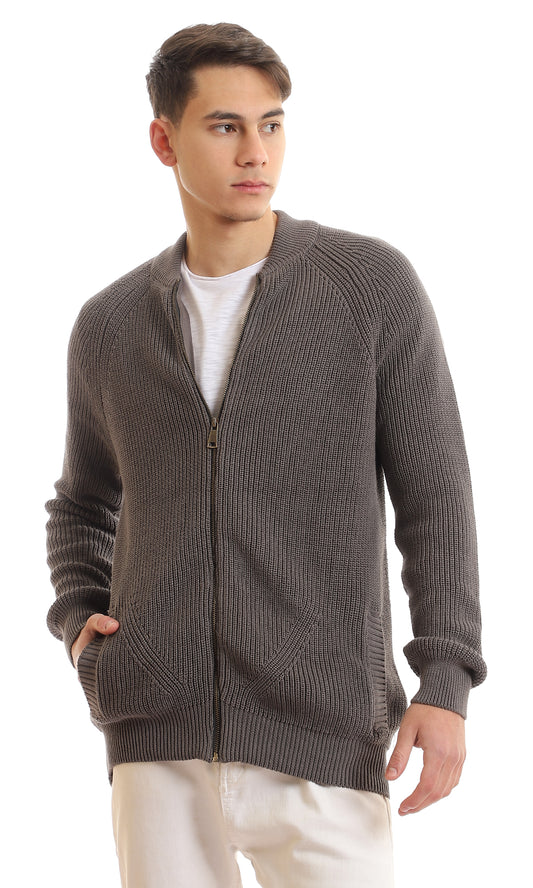 96389 Mandarin Collar Knitted Zipped Sweater - Dark Grey
