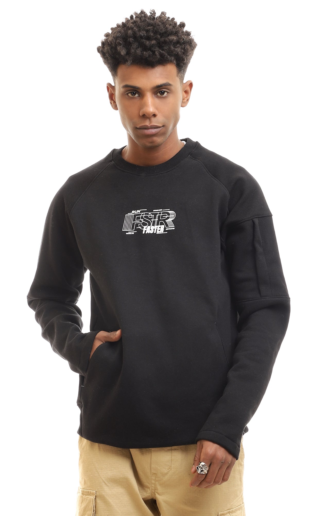 96441 Side Pocket Printed Black Slip On Sweatshirt