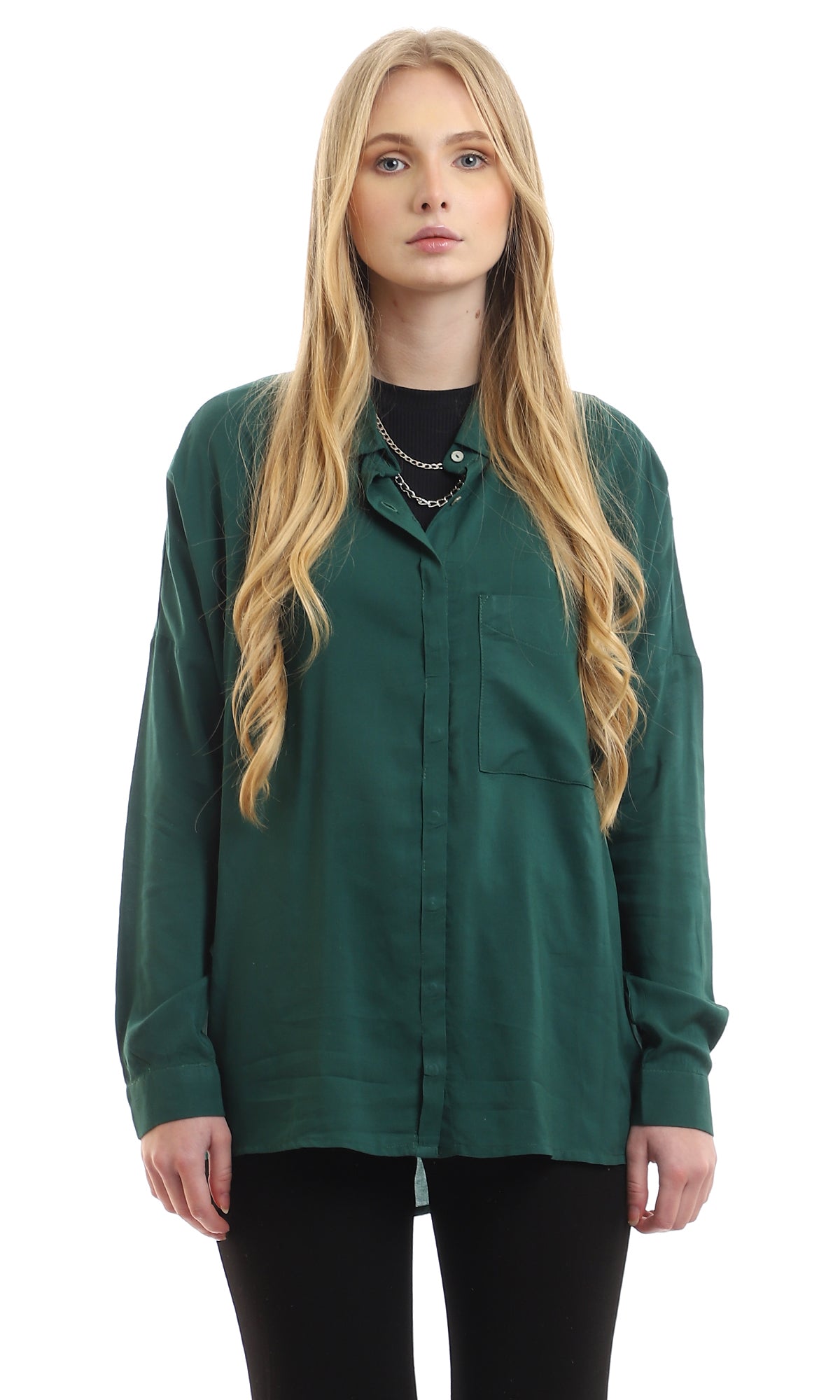 96482 Practical Plain Hidden Buttons Dark Green Shirt