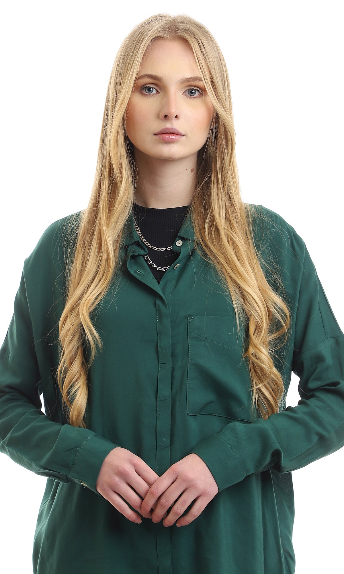 96482 Practical Plain Hidden Buttons Dark Green Shirt