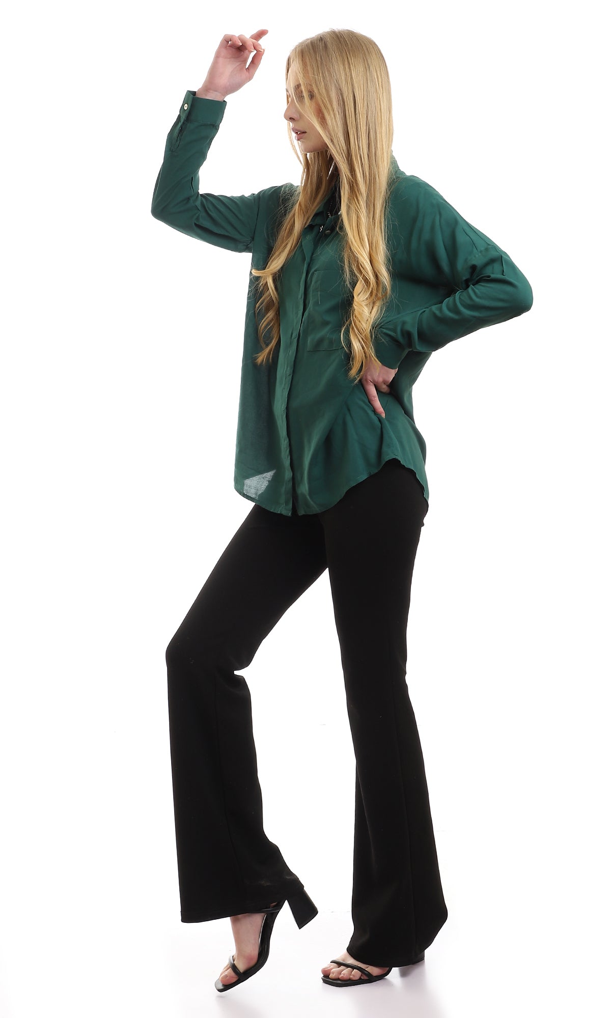 96482 Practical Plain Hidden Buttons Dark Green Shirt