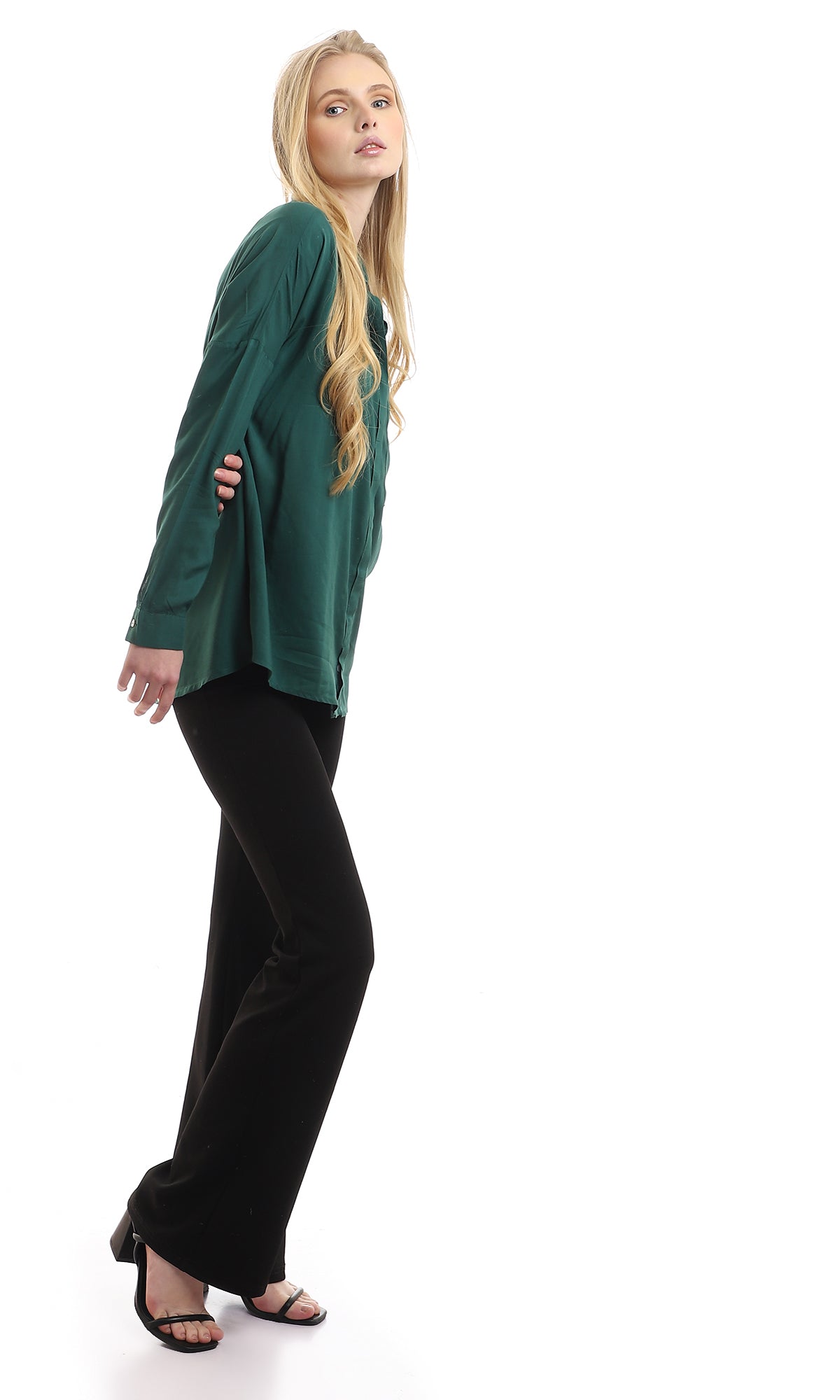 96482 Practical Plain Hidden Buttons Dark Green Shirt