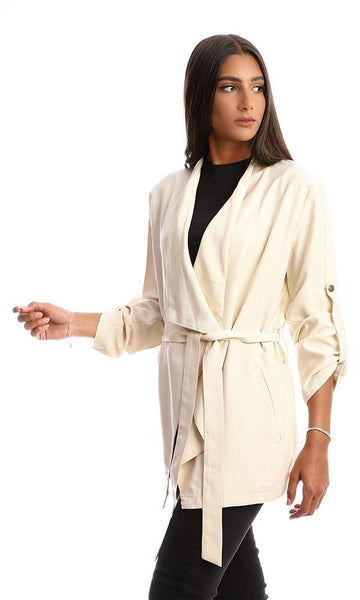 96743 Open Neckline Casual Jacket With Side Pockets - Beige - Ravin 