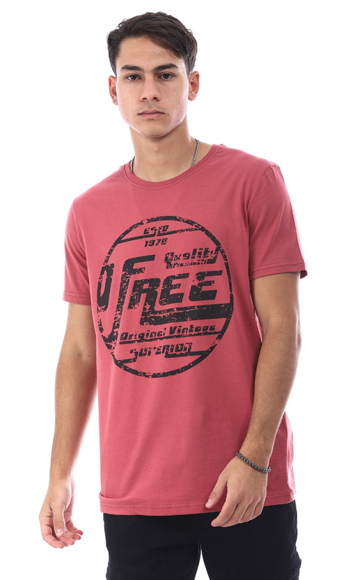 96768 Half Sleeves "Free" Printed Casual T-Shirt - Dark Coral Pink