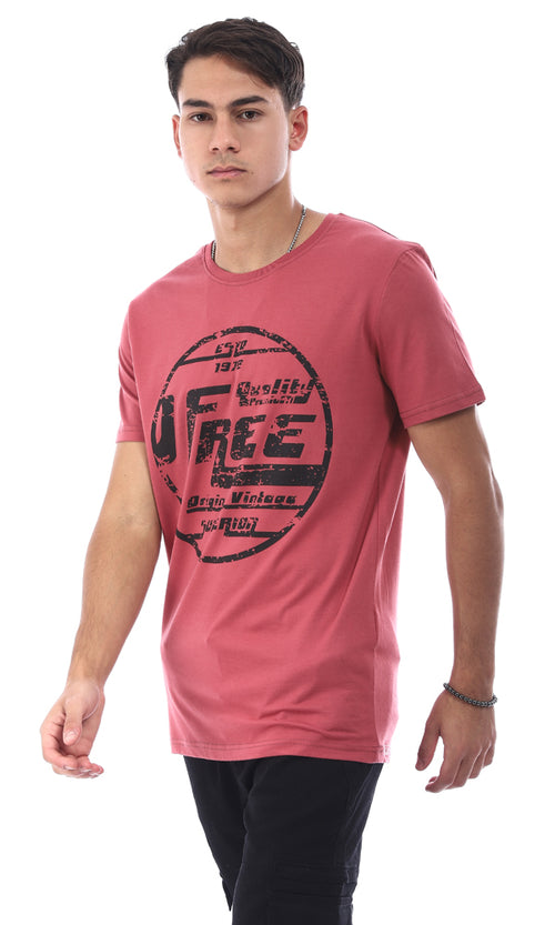 96768 Half Sleeves "Free" Printed Casual T-Shirt - Dark Coral Pink