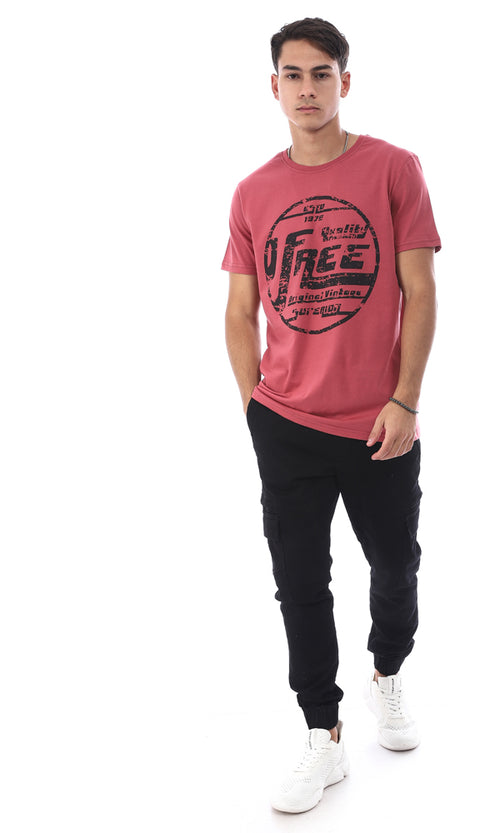 96768 Half Sleeves "Free" Printed Casual T-Shirt - Dark Coral Pink