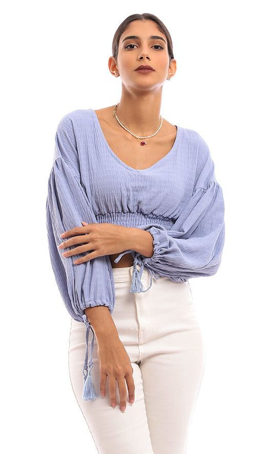 96775 Cropped Polyester Blouse With Wide Elastic Trim - Cornflower Blue