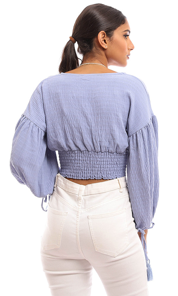 96775 Cropped Polyester Blouse With Wide Elastic Trim - Cornflower Blue
