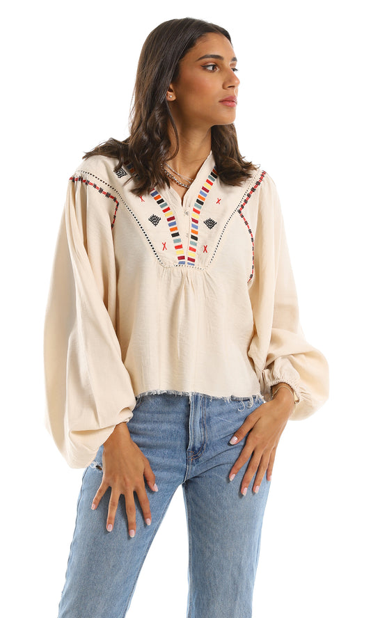 96777 Chest Stitched Beige Blouse With Wide Sleeves