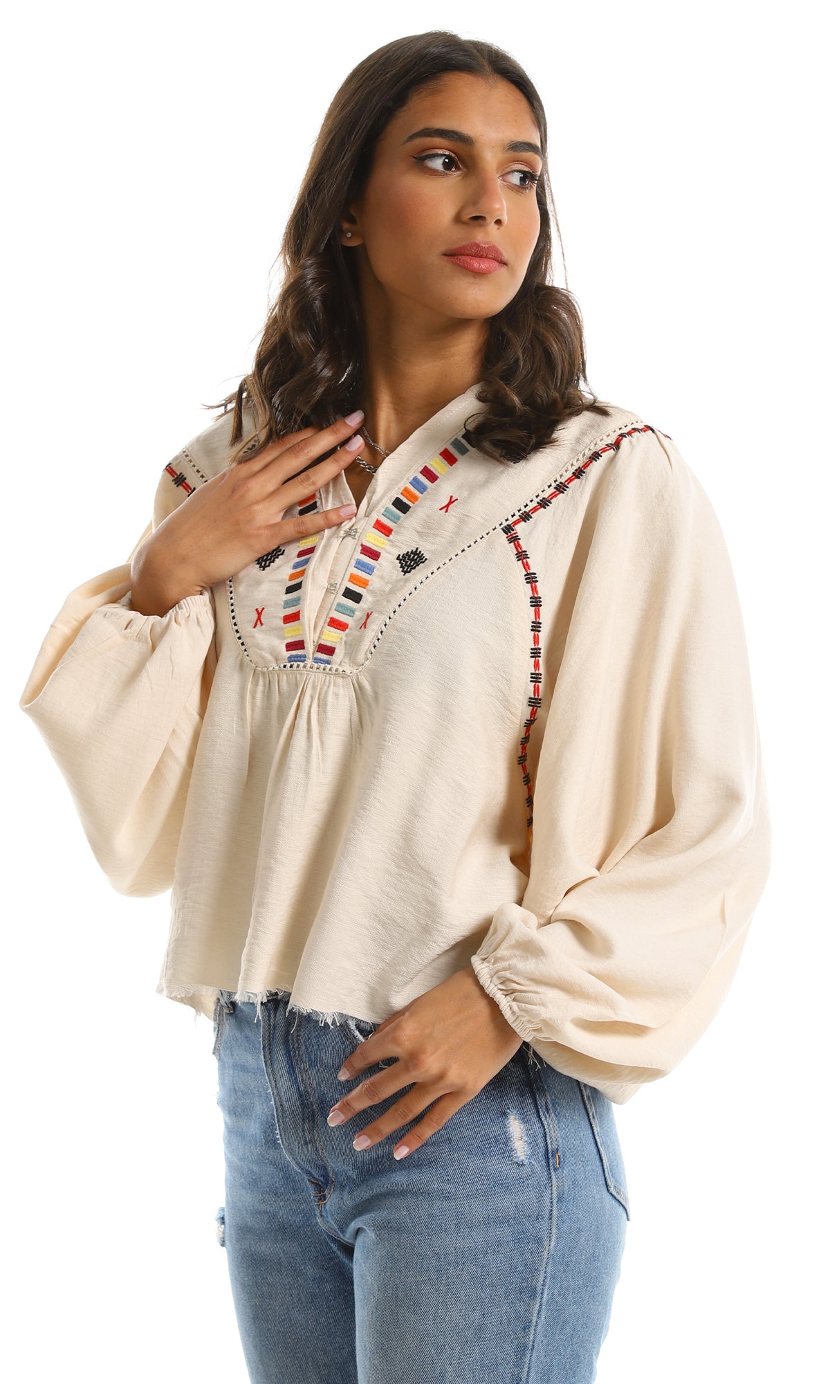 96777 Chest Stitched Beige Blouse With Wide Sleeves