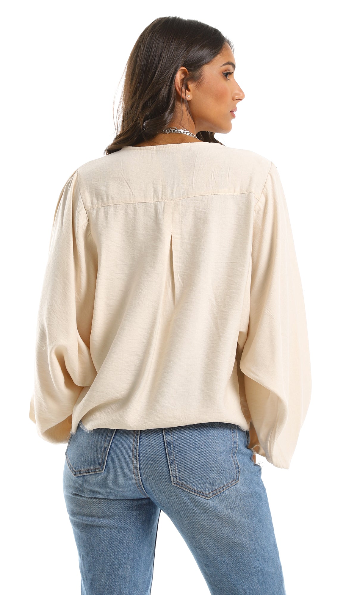 96777 Chest Stitched Beige Blouse With Wide Sleeves