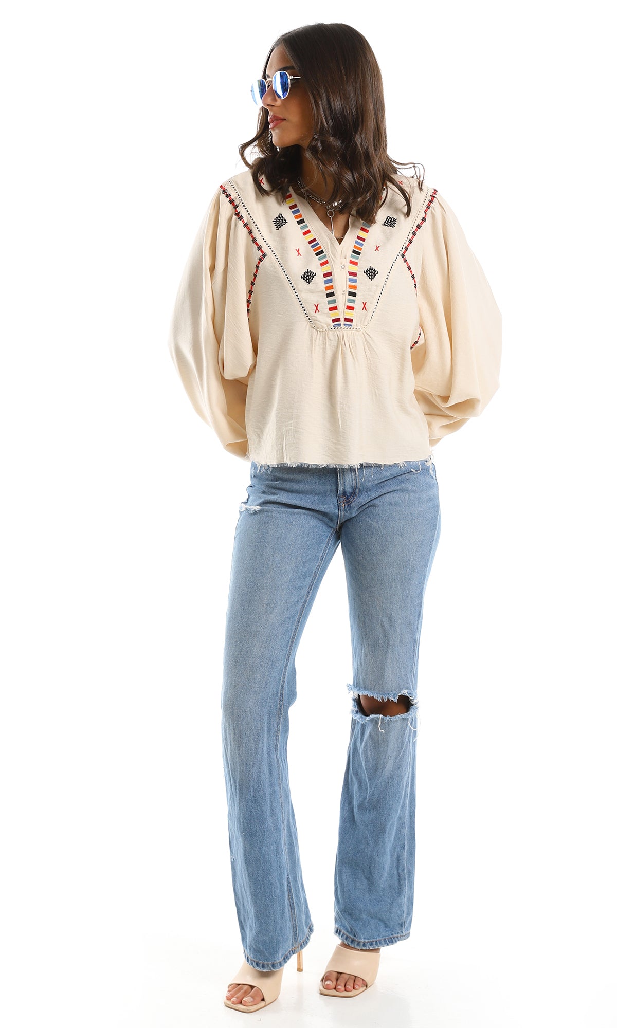 96777 Chest Stitched Beige Blouse With Wide Sleeves