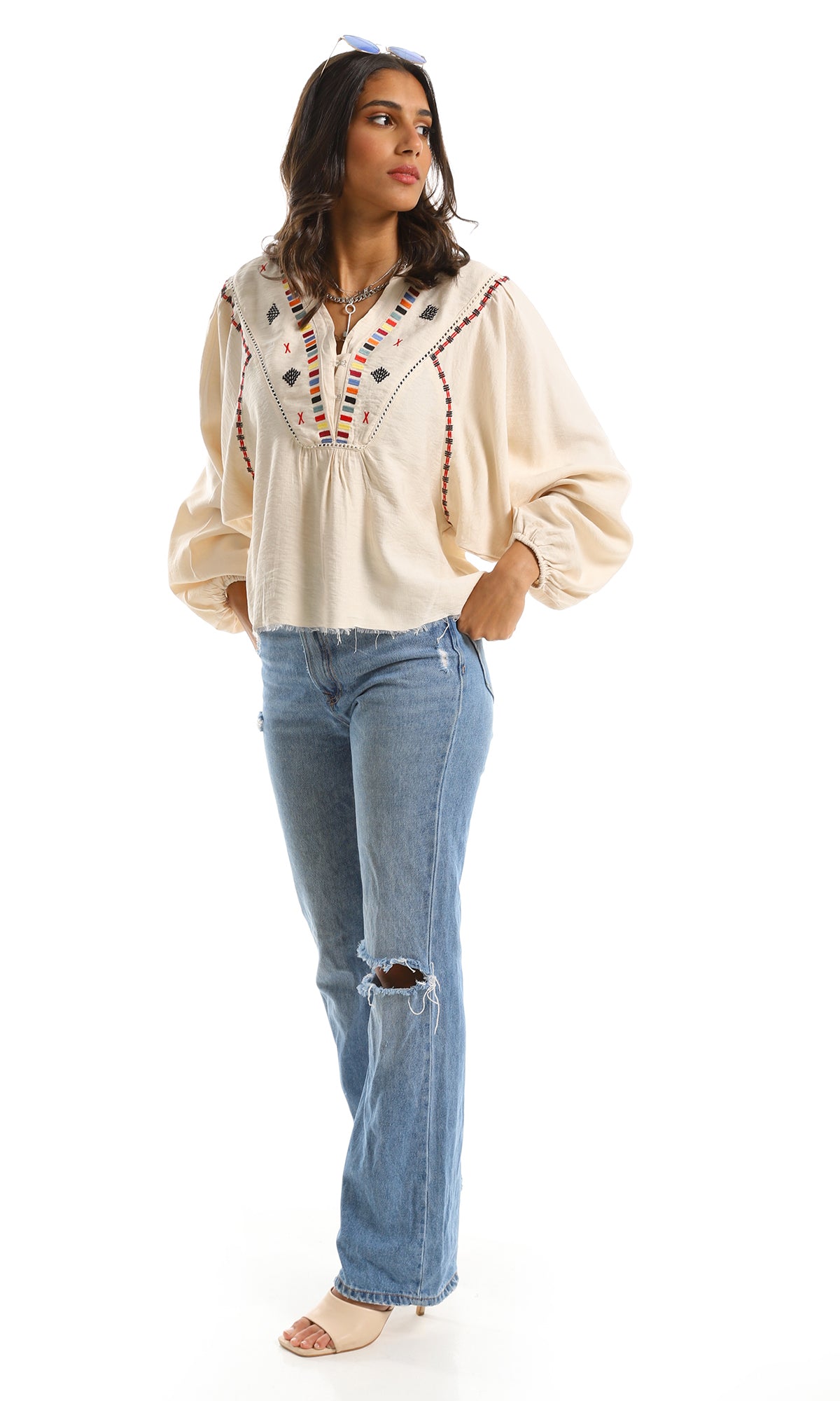 96777 Chest Stitched Beige Blouse With Wide Sleeves