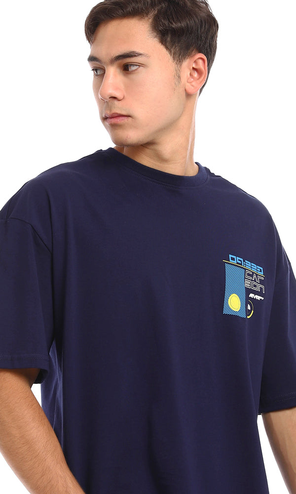 96845 Loose Fit Cotton Printed Back T-Shirt - Navy Blue