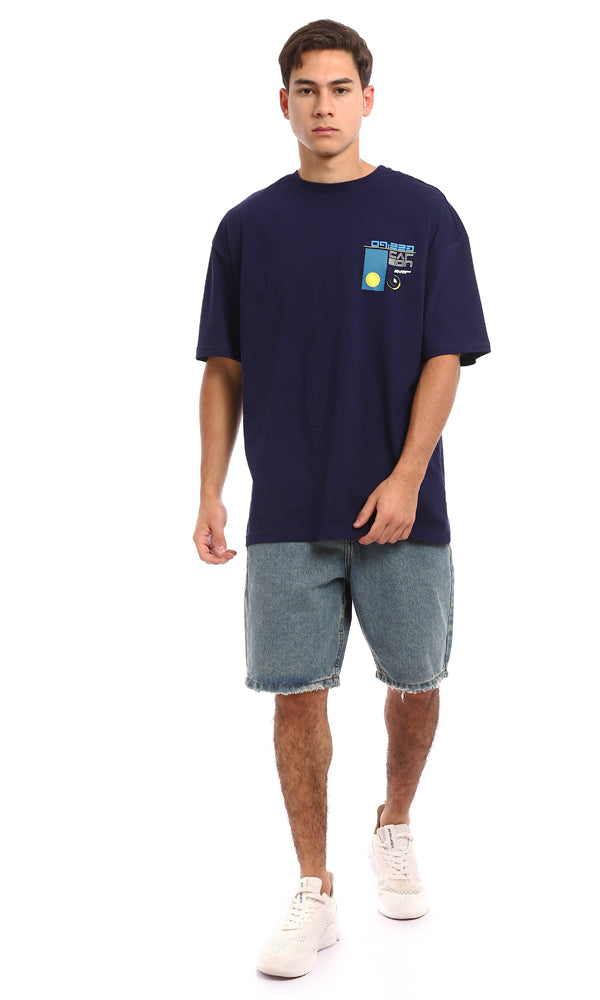 96845 Loose Fit Cotton Printed Back T-Shirt - Navy Blue