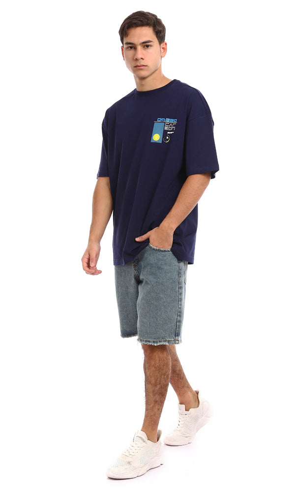 96845 Loose Fit Cotton Printed Back T-Shirt - Navy Blue