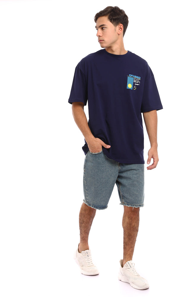 96845 Loose Fit Cotton Printed Back T-Shirt - Navy Blue