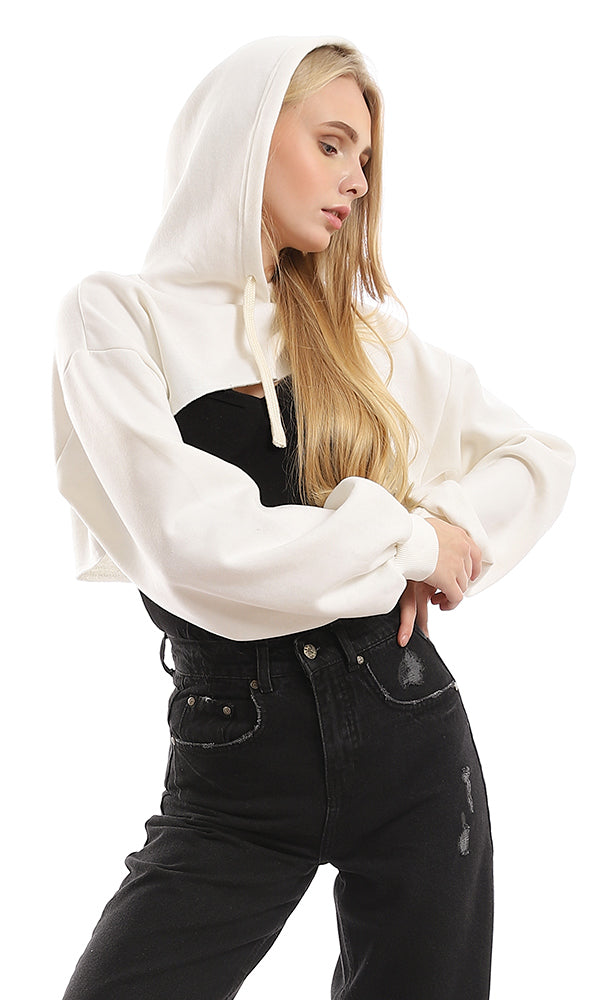 96901 Ribbed Elastic Cuffs Fleece Off White Cropped Hoodie