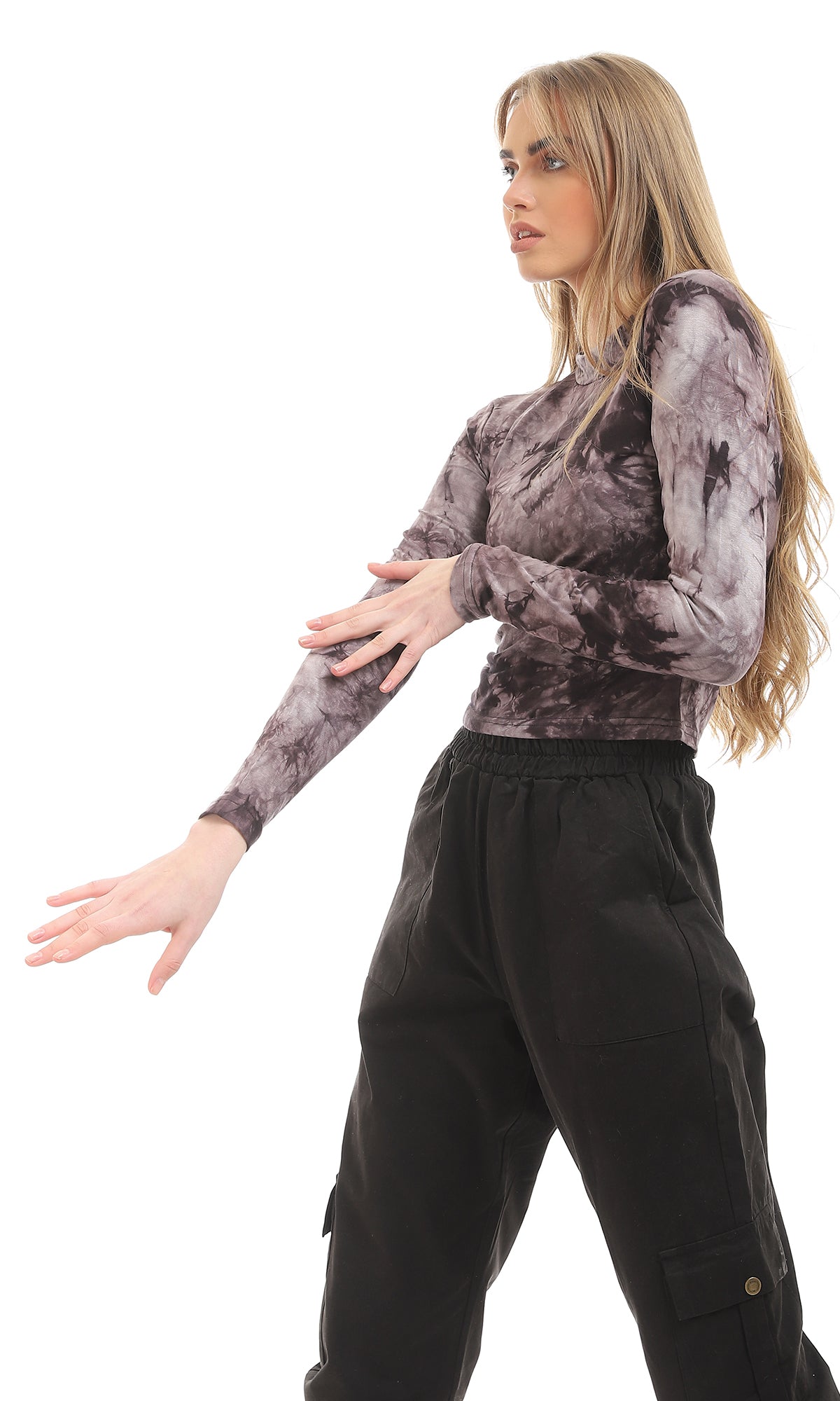 96928 Tie Dye Long Sleeves Mock Neck Dark Grey Top