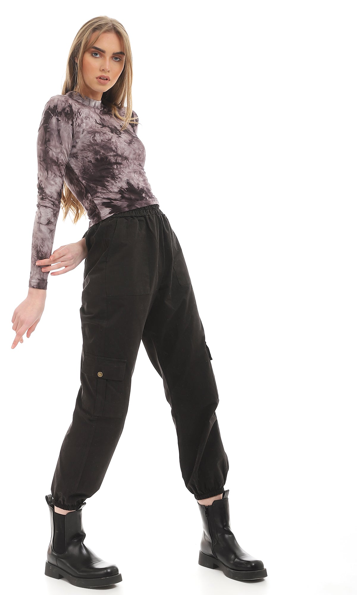 96928 Tie Dye Long Sleeves Mock Neck Dark Grey Top