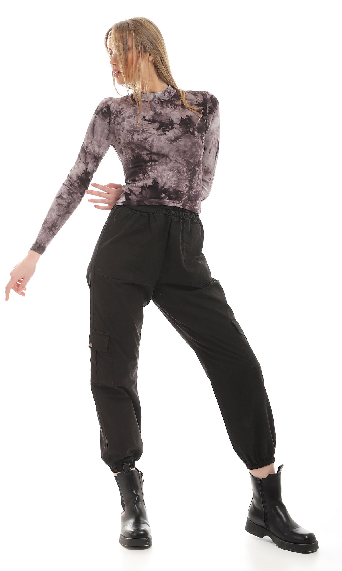 96928 Tie Dye Long Sleeves Mock Neck Dark Grey Top