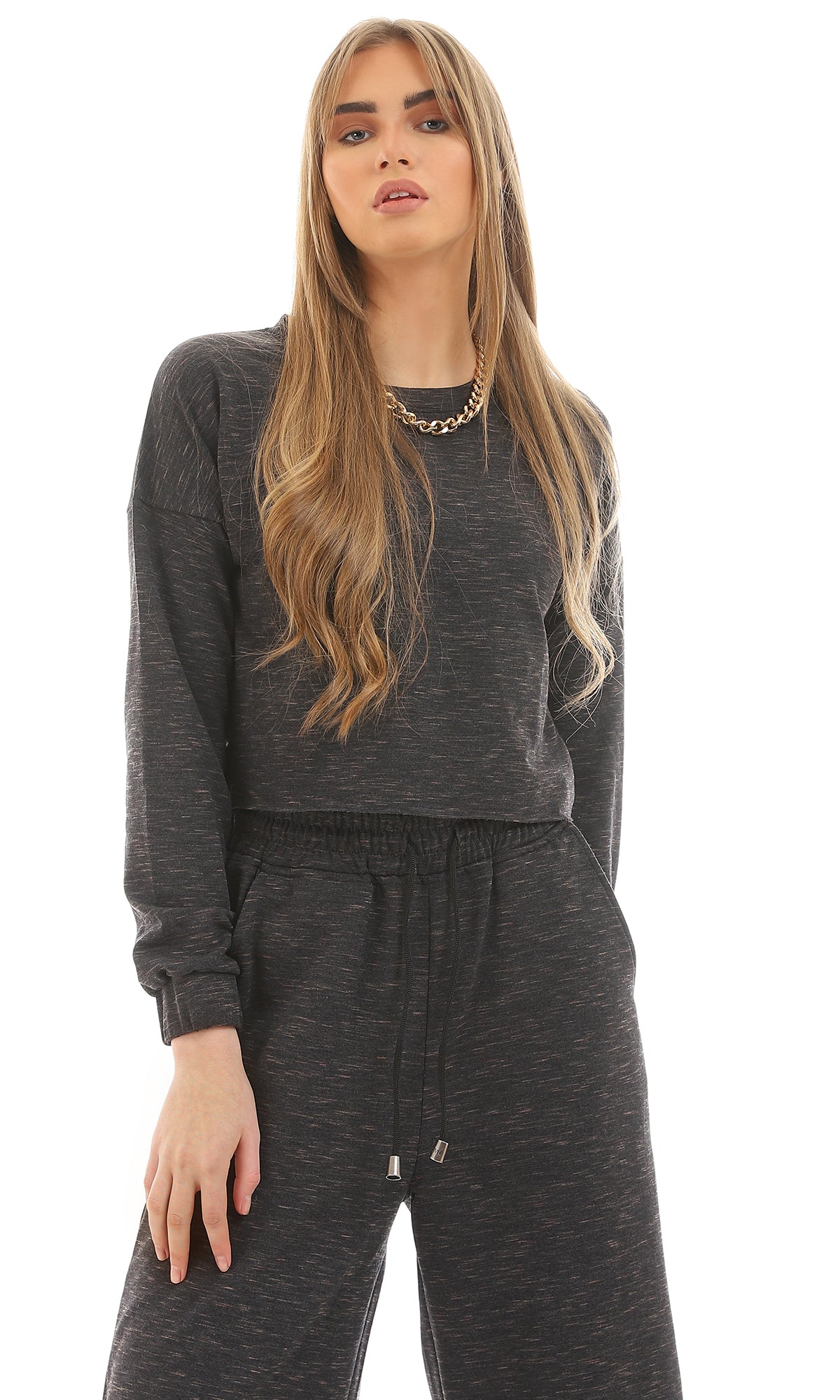 96967 Heather Dark Grey Fleece Crop Top With Elastic Cuffs